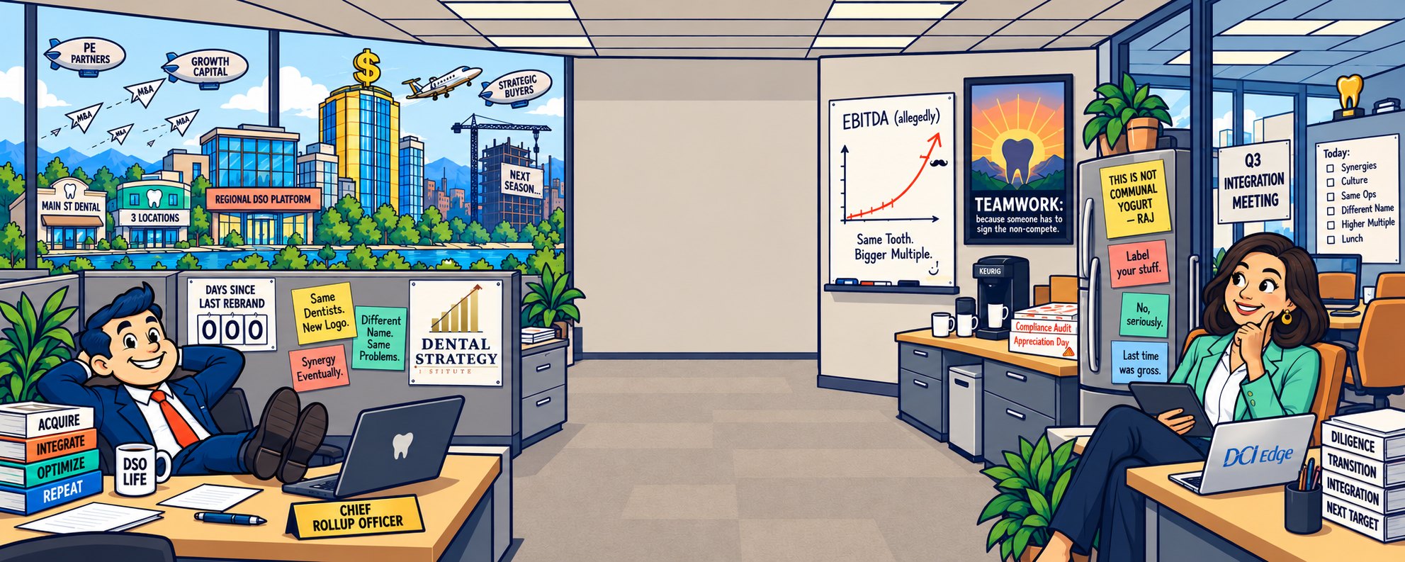 A cartoon dental DSO corporate office: a Chief Rollup Officer with his feet up at his desk, a whiteboard reading 'EBITDA (allegedly)', a break room fridge covered in passive-aggressive sticky notes, and a skyline outside the window growing from Main St Dental into a glass tower with a private jet circling overhead.